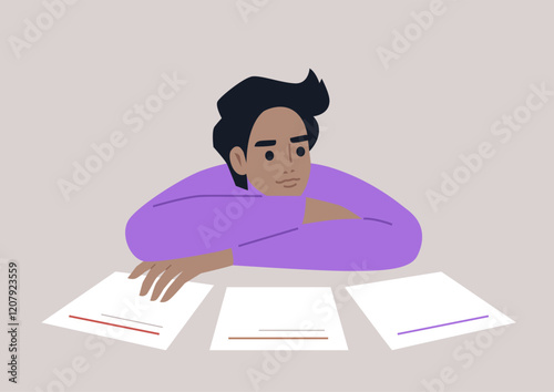 A young character sits thoughtfully at a table, analyzing multiple blank sheets of paper, lost in their considerations about potential paths and decisions to take in life