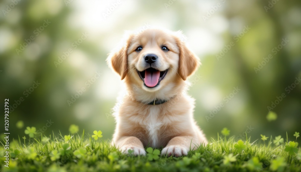Adorable golden retriever puppy with happy expression on green grass background Adorable golden retriever puppy with happy expression on green grass background