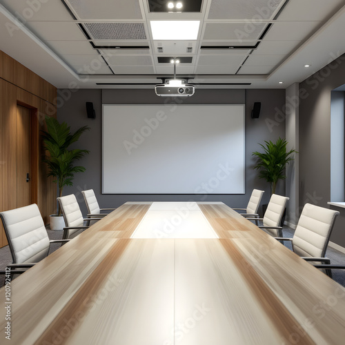 A modern conference room with a large table, chairs, screen and a projector