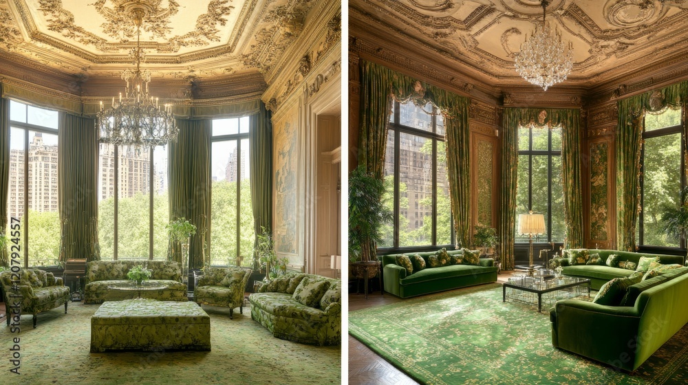 Fototapeta premium Luxurious Green Living Room with City Views