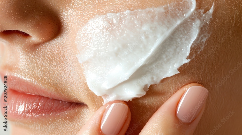 Fototapeta premium Woman gently applying a moisturizing cream to her face, showcasing smooth skin