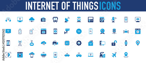 Set of Internet of Things icon. Location, Hosting, Cctv Camera, Face Scan, Artificial Intelligence, Weather App, Security, Setting, Signal, Robot, Video Camera, Setup, Internet vector. 