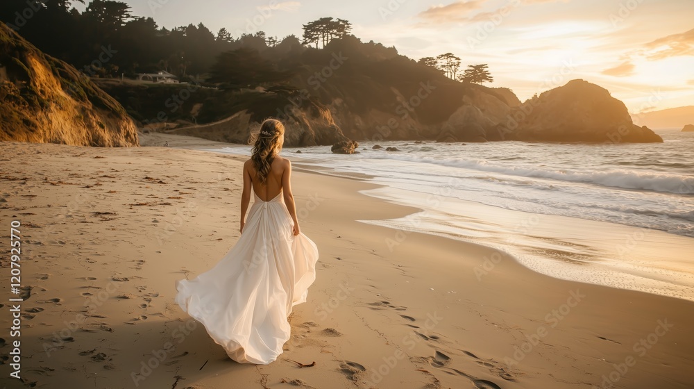 Bride walking on sandy beach during sunset wearing a flowing white dress with waves gently crashing nearby