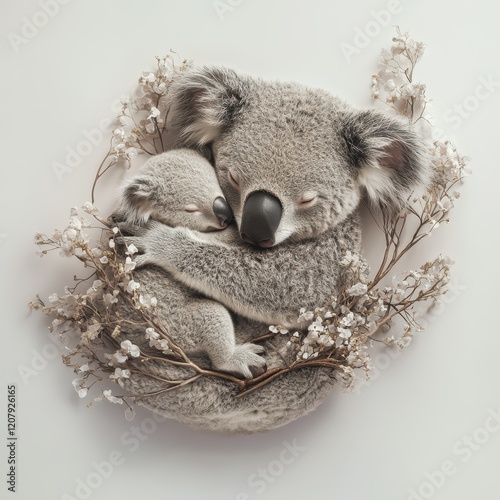 An ultra-realistic photo of a koala with its baby on a white background 
