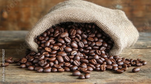 Close-up of coffee beans spilling out of a burlap sack on a rustic wooden surface 