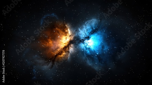 A vibrant cosmic spectacle showcases two nebulae, one glowing orange and the other bright blue, separated by dark space, illustrating the beauty of the universe's formations photo