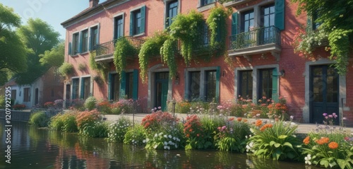 Canal house with blooming flowers and lush greenery in the background, lush greenery, serene landscape , summer garden