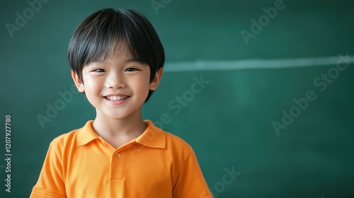 Happy smiling Asian boy in a classroom setting