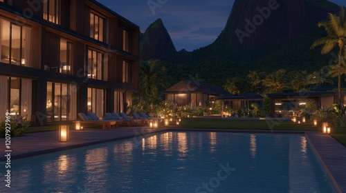 Luxurious Tropical Resort Night Poolside View photo