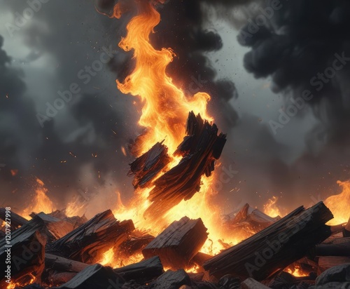 Burning debris and flames suspended in mid-air amidst a swirling storm of fire and ash, incendiary clouds, apocalyptic landscape