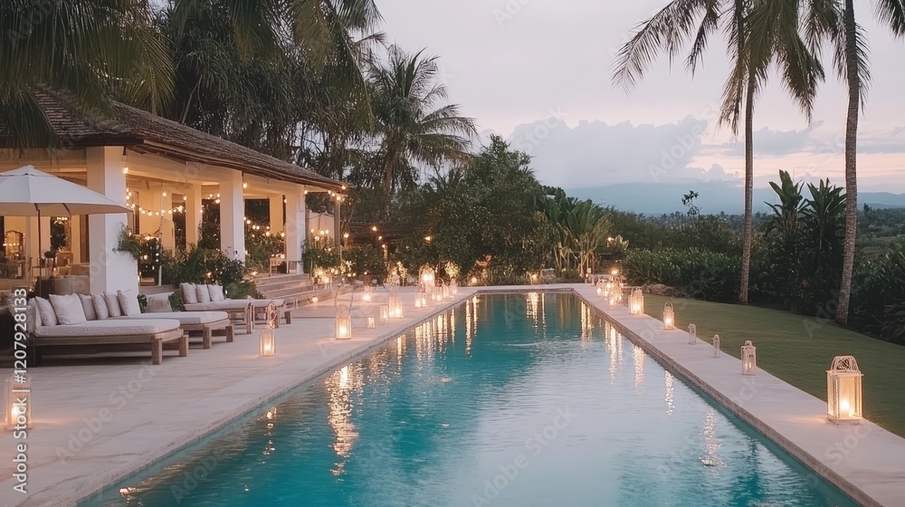 Fototapeta premium Luxurious Villa Evening Poolside Relaxation Scene
