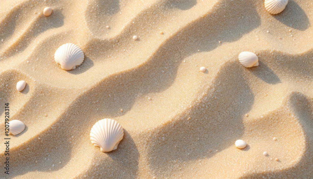 Seashells on sandy beach with sunlit waves pattern creating serene coastal vibes Seashells on sandy beach with sunlit waves pattern creating serene coastal vibes