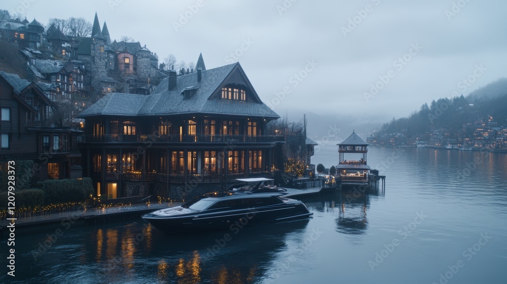 Naklejka premium Luxurious Waterfront Mansion with Yacht at Dusk