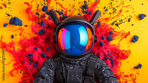 Psychedelic astronaut helmet with vibrant neon colors and abstract background. striking contrast creates surreal and captivating visual experience