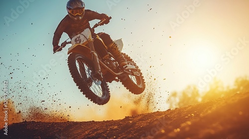 Motocross rider jumps dirt hill at sunset, dust flying