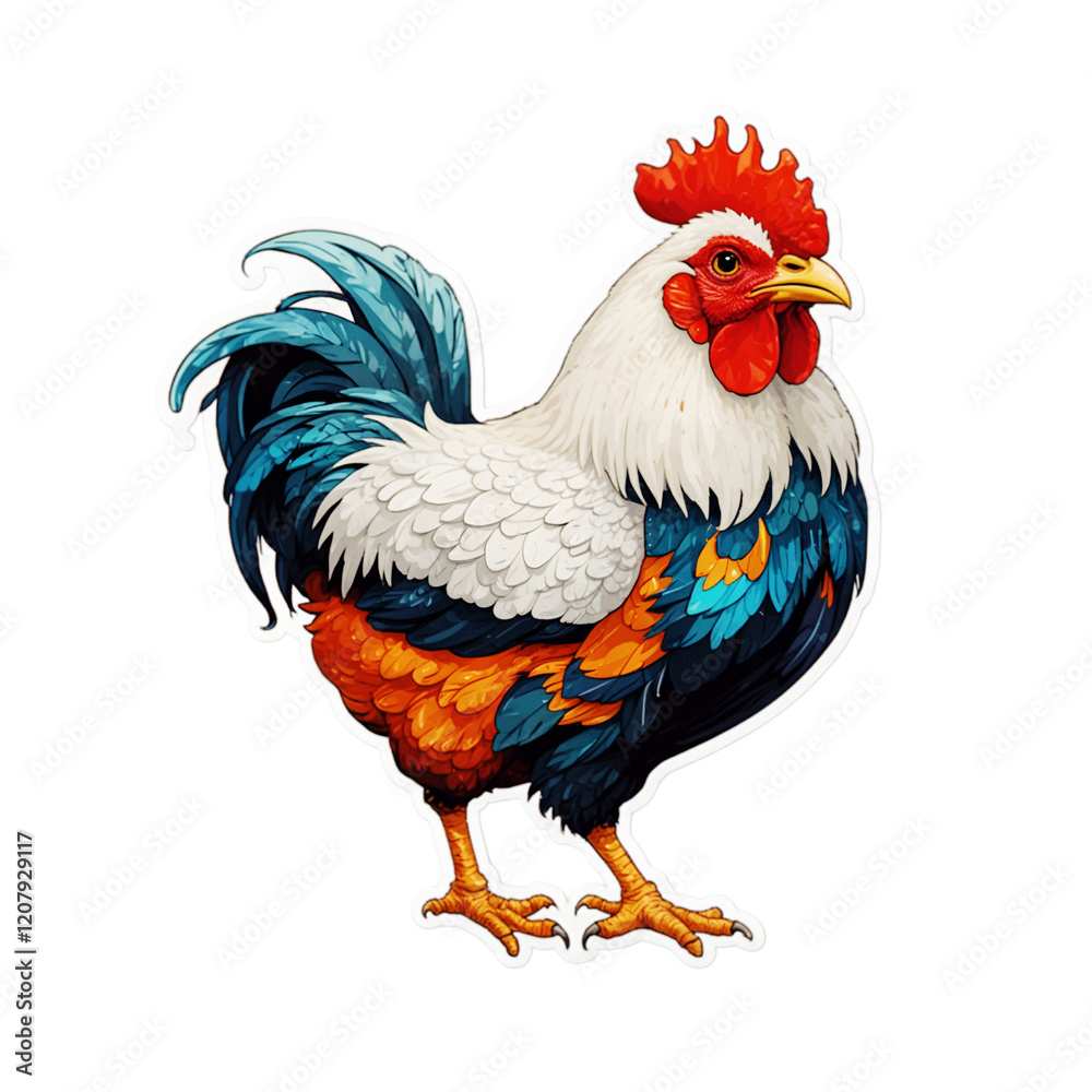 Fototapeta premium Colorful Rooster Illustration Sticker with Black Background
