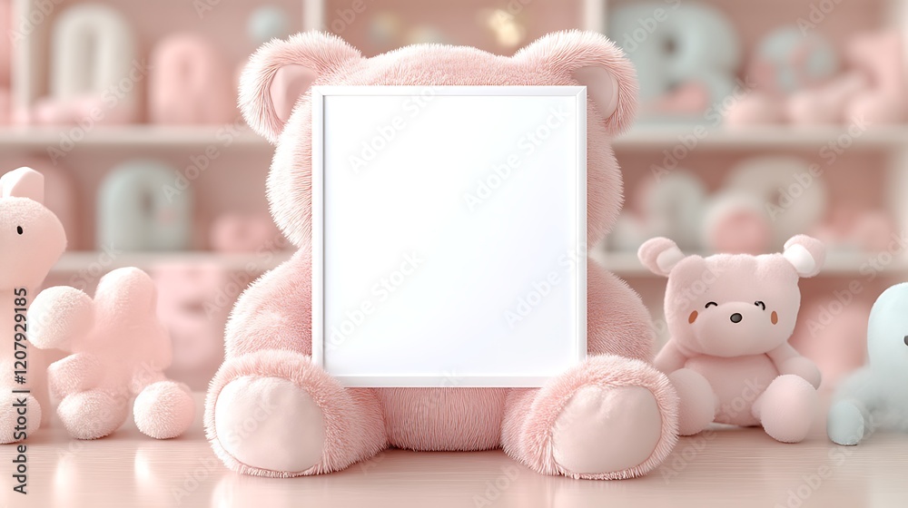 Obraz premium Pink Teddy Bear Holding Blank Frame Surrounded By Toys