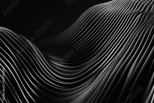 Black Background with Flowing Lines, Abstract Design Emphasizing Dynamic Light Flow on Metal Surfaces, Curved Shapes Creating Elegant Atmosphere