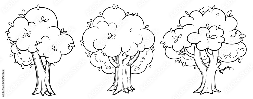 Naklejka premium Three large old deciduous trees with a lush crown outlined for coloring isolated on white background