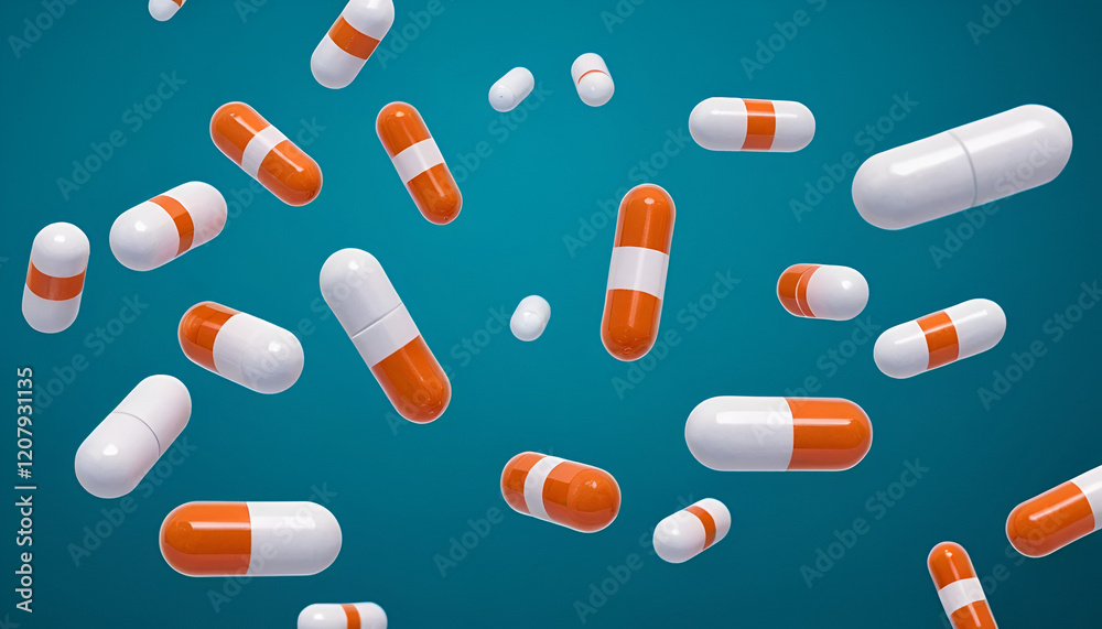 Colorful floating pills and capsules, representing healthcare, medication, and pharmaceutical solution Colorful floating pills and capsules, representing healthcare, medication, and pharmaceutical solution