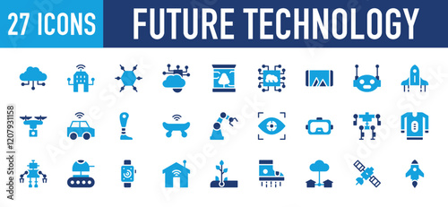 Set of 27 Future Technology icon. Technology, Screen, Artificial Intelligence, Startup, Vehicle, Prothesis, Skateboard, Robotic Arm, Vision, Vr Glass, AI, Tshirt, Army, Smart Watch illustration. 