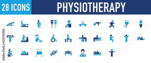 Set of Physiotherapy icon. Disable, Exercise, Walk, Therapist, Treadmill, Exercise, Bandage, Exercise Ball, Walker, Injured, Crutches, Arm Plaster, Broken Bone, Iv Bag illustration. 