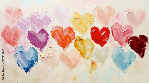 Valentines day, pattern, vibrant painting, hearts, pink, red, blue, green, LGBTQ, rainbow, cream tone, love, textured brushstrokes