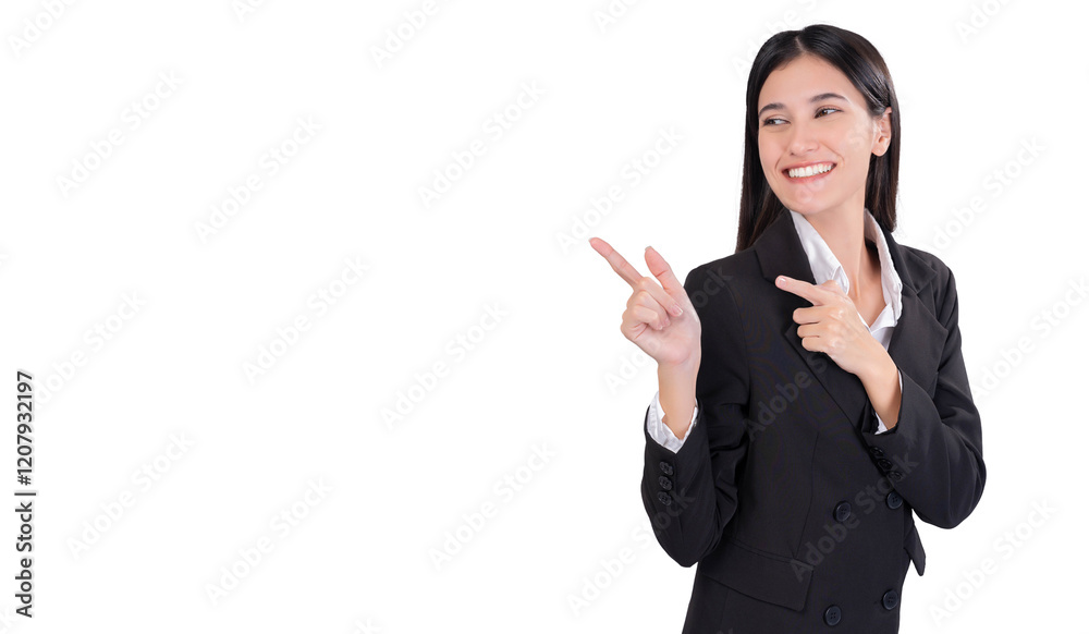 Excited young businesswoman wears black suit, smiling confidently while pointing in both directions. She get success, and a forward-thinking attitude, ideal for corporate or promotional purposes. Excited young businesswoman wears black suit, smiling confidently while pointing in both directions. She get success, and a forward-thinking attitude, ideal for corporate or promotional purposes.