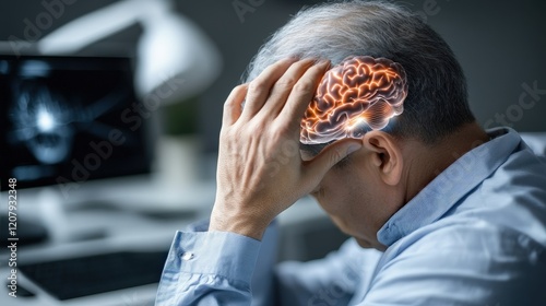 Man Suffering from Headache with Visualization of Brain Activity