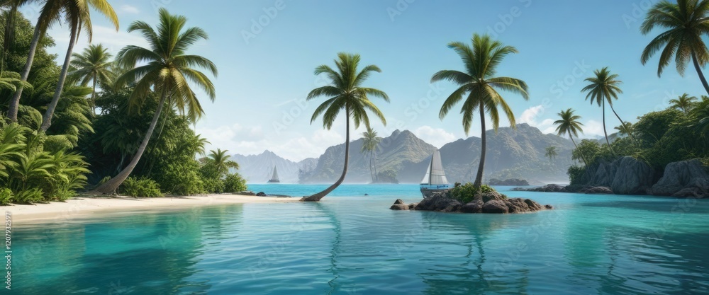 Blue water lagoon with sailboat and palm trees in the background, tropical getaway, blue lagoon, seascapes Blue water lagoon with sailboat and palm trees in the background, tropical getaway, blue lagoon, seascapes