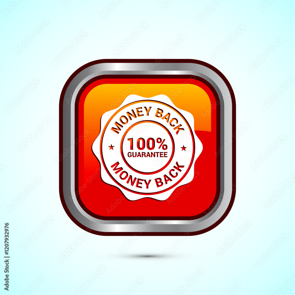 Money back guarantee icon design illustration. Money back guarantee badge and label. Orange color square button design Money back guarantee icon design illustration. Money back guarantee badge and label. Orange color square button design