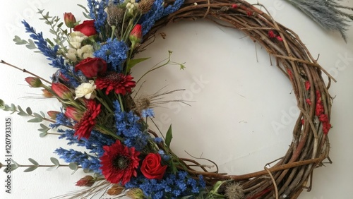 Blue and red floral wreath made from natural materials like willow branches and dried flowers, botanical, wreaths, twig photo