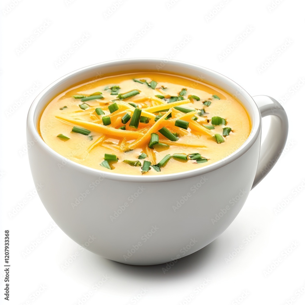 Bowl of cheese soup topped with chives, on white, ideal for food blog or recipe book Bowl of cheese soup topped with chives, on white, ideal for food blog or recipe book
