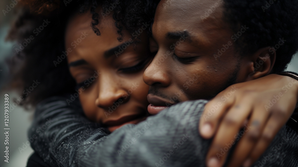 Obraz premium Emotional embrace between a man and woman, somber mood.