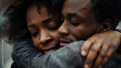 Emotional embrace between a man and woman, somber mood. photo