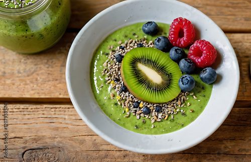 Plate with green smoothie bowl garnished with kiwi, berries photo