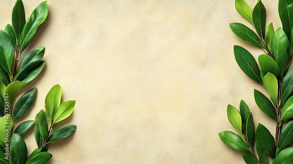 Lush Green Leaves Frame Beige Background Lush Green Leaves Frame Beige Background
