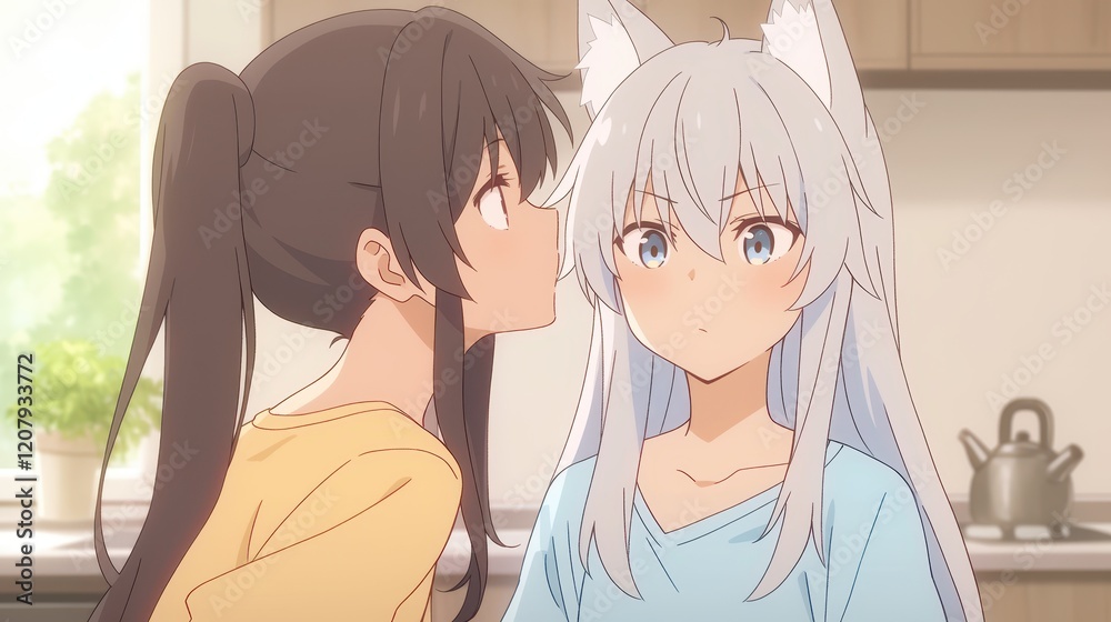 Two anime characters share a close moment in a cozy kitchen, with one leaning in to whisper to the other, who has cat-like features and a surprised expression. Two anime characters share a close moment in a cozy kitchen, with one leaning in to whisper to the other, who has cat-like features and a surprised expression.