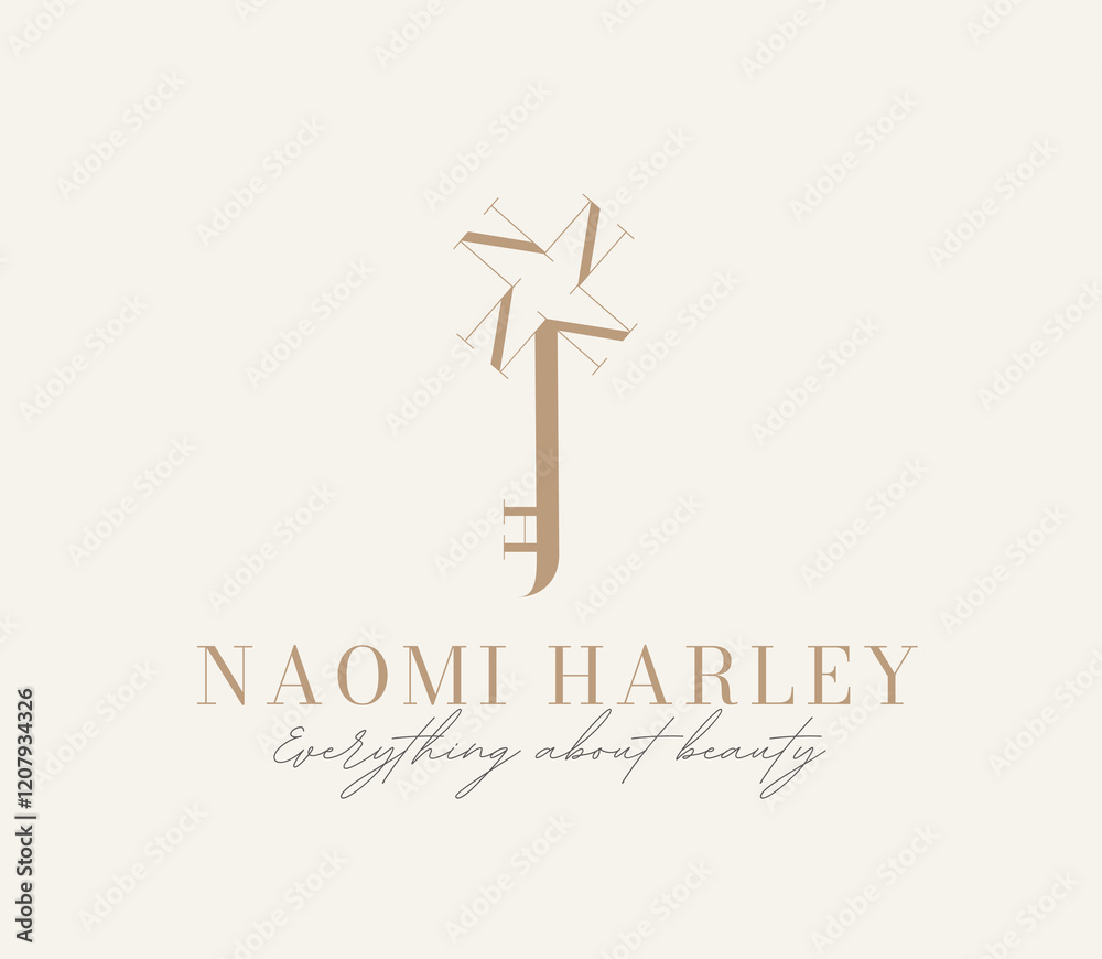Beauty label key design lettering naomi harley drawing in vintage art style on beige background