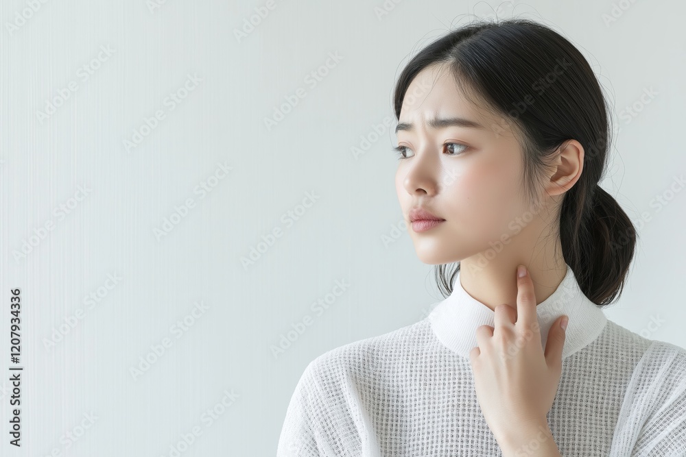 Pensive Young Woman in White Sweater Looking Away in Thoughtful Pose Pensive Young Woman in White Sweater Looking Away in Thoughtful Pose