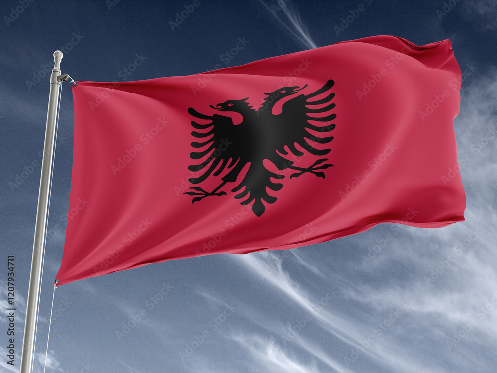 Albania Flag On Blue Sky Background Albania Flag On Blue Sky Background