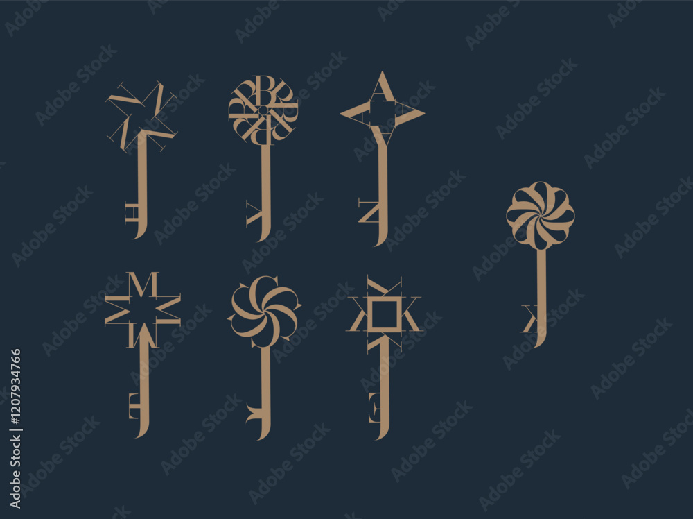 Key graphic art style collection drawing with beige on blue background