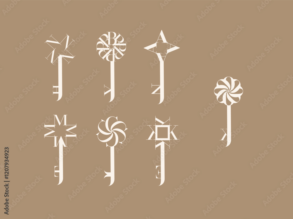 Key graphic art style collection drawing with beige on brown background