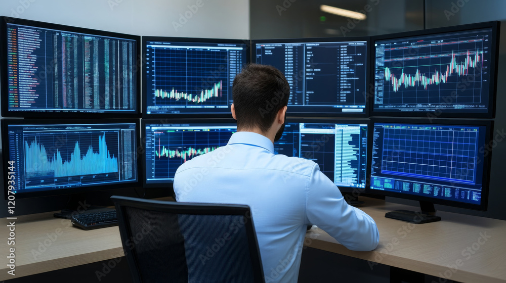 modern control room with multiple screens displaying financial data and charts, showcasing focused individual analyzing market trends and statistics modern control room with multiple screens displaying financial data and charts, showcasing focused individual analyzing market trends and statistics