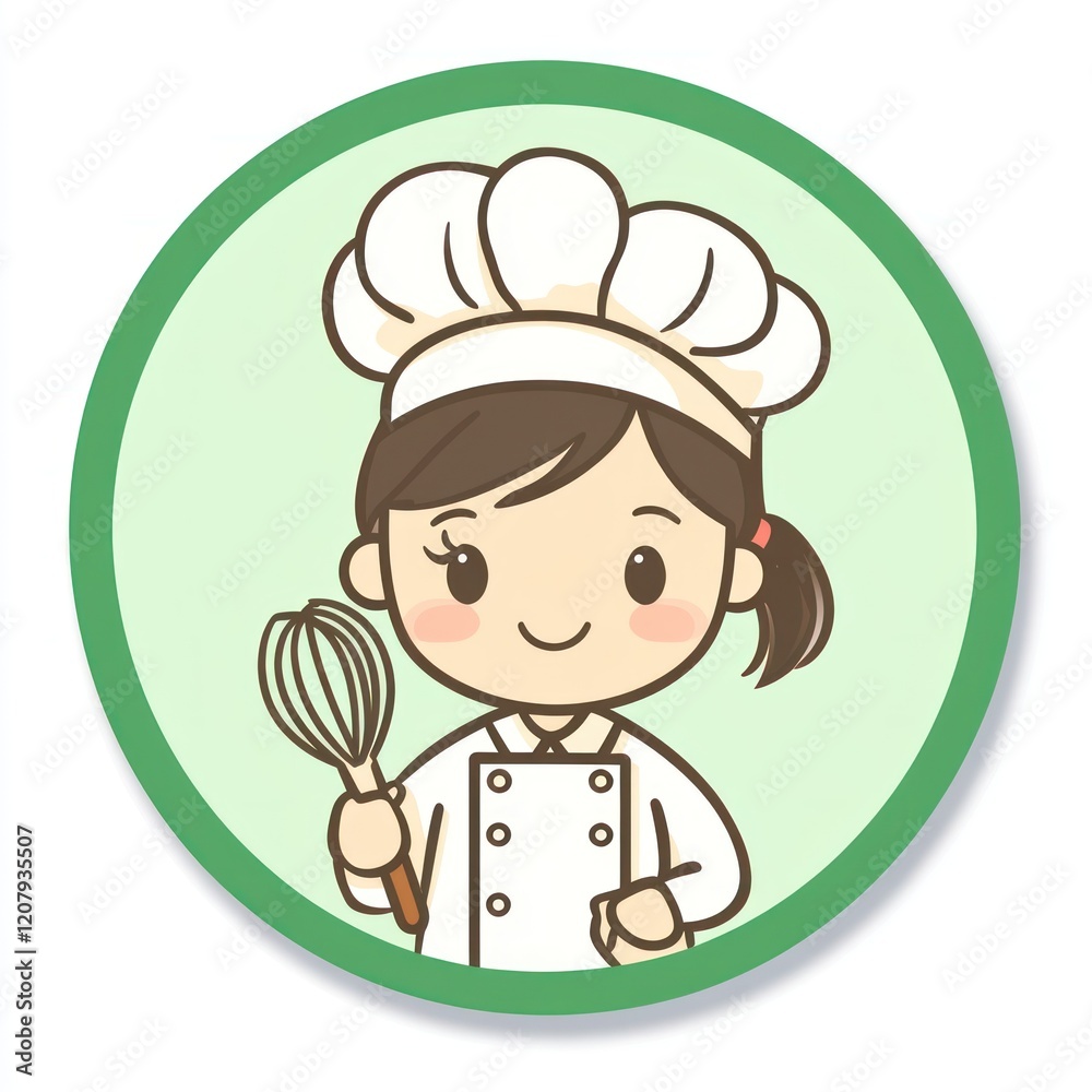 Female chef in uniform holding a whisk inside a green circle. Background is light green, use food blog Female chef in uniform holding a whisk inside a green circle. Background is light green, use food blog