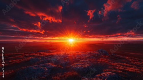 Mountain sunset over vast landscape, vibrant red sky