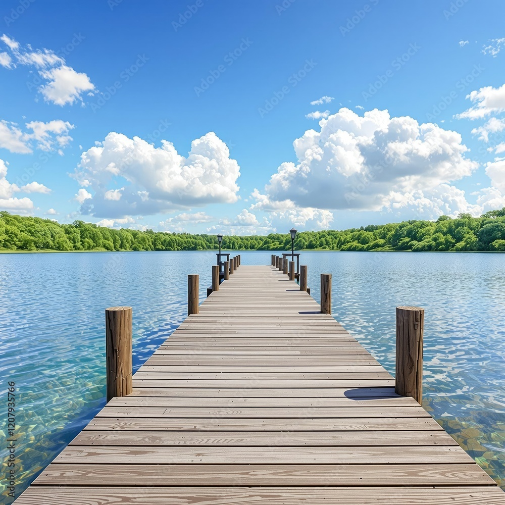 Beautiful view of wooden dock on lake with clear blue sky and green trees, peaceful, landscape, water, scenic