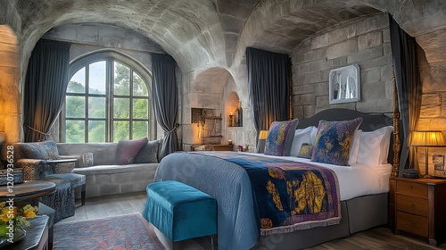 Luxurious Castle Bedroom With Large Window And Stone Walls photo