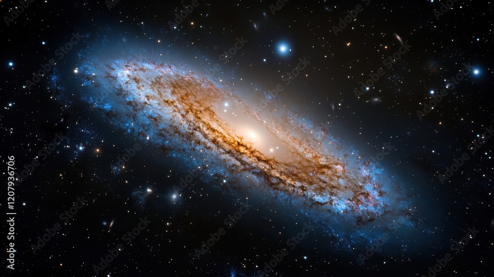 Fototapeta premium A stunning spiral galaxy captivates viewers with its luminous core and swirling arms. Surrounding stars twinkle brightly in the vastness of space, creating a mesmerizing cosmic view