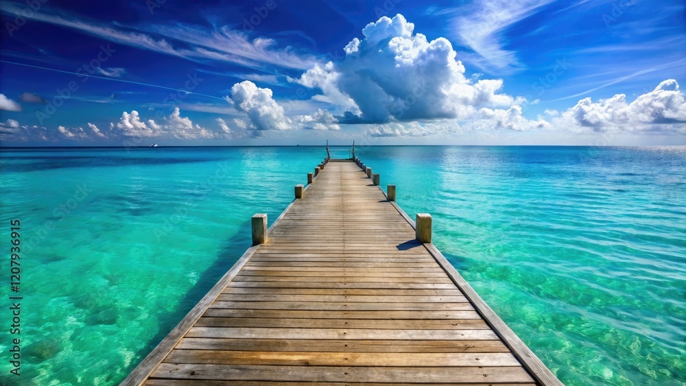 Obraz premium Azure ocean waves gently lapping against a weathered wooden dock, nautical theme, fishing boat, sea shore